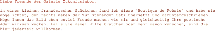 Liebe Freunde der Galerie Zukunftslabor,